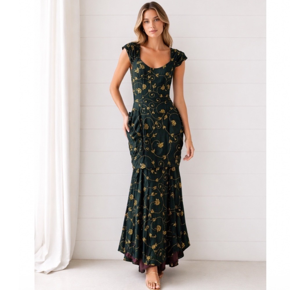 Vintage MONSOON‎ TWILIGHT 100% SILK Embroidered Bustle BOW ENGLAND MAXI DRESS XS